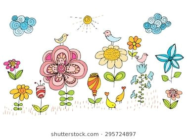 Drawings Of Flowers and Birds Children Drawing Of Flowers and Birds Colorful Vector Image with