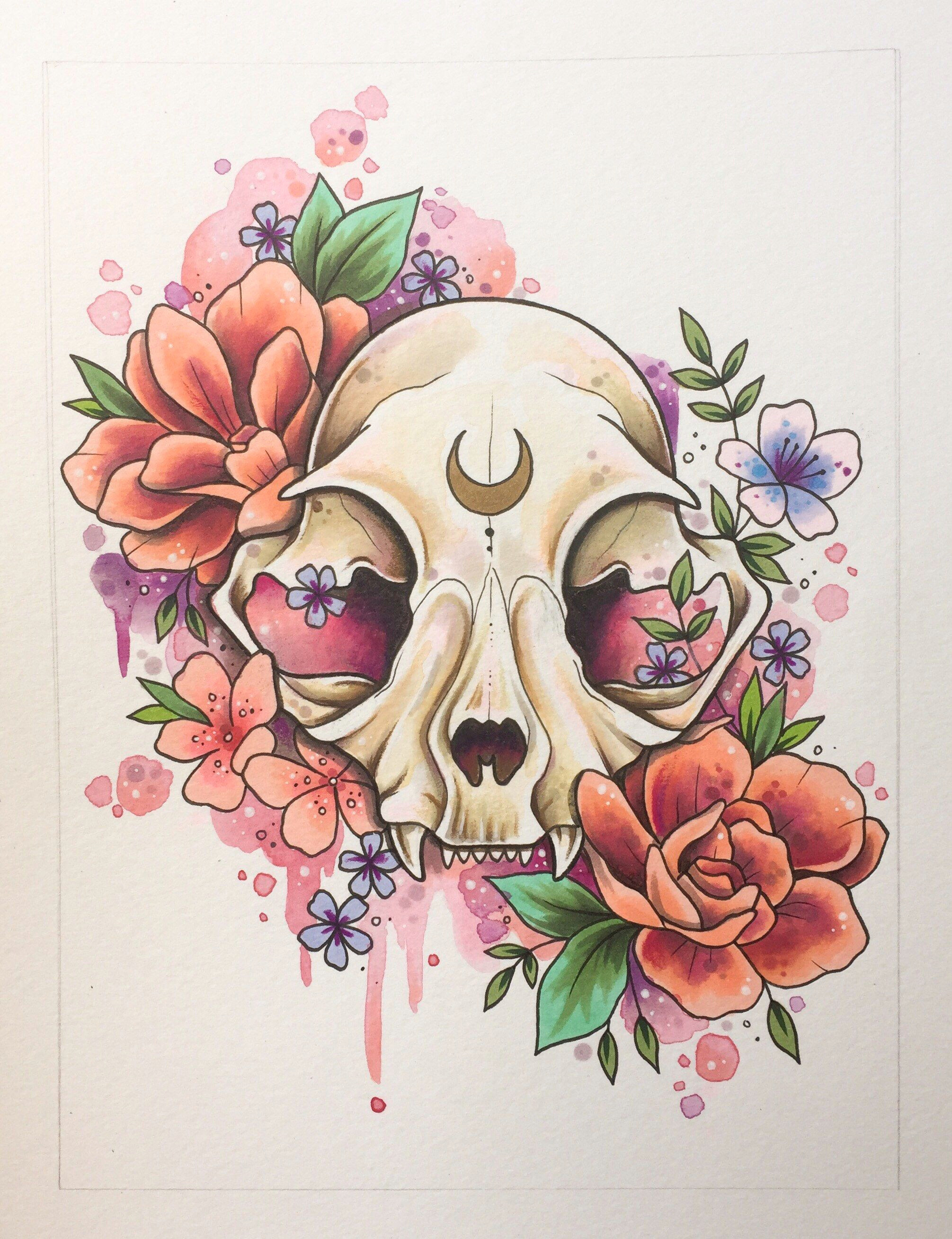Drawings Of Flowers and Skulls Cat Skull Painting Tattoo Print Tattoo Design Cat Illustration