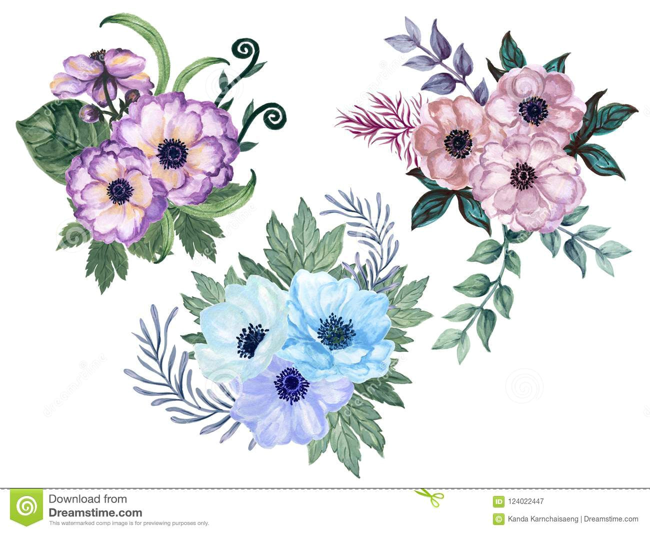 Drawings Of Flowers with Leaves Watercolor Gouache Anemone Floral and Leaves Bouquet Hand Drawn