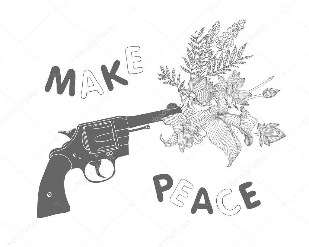 Drawings Of Guns and Flowers Make Peace Bouquet Of Flowers In the Gun Muzzle Black On White