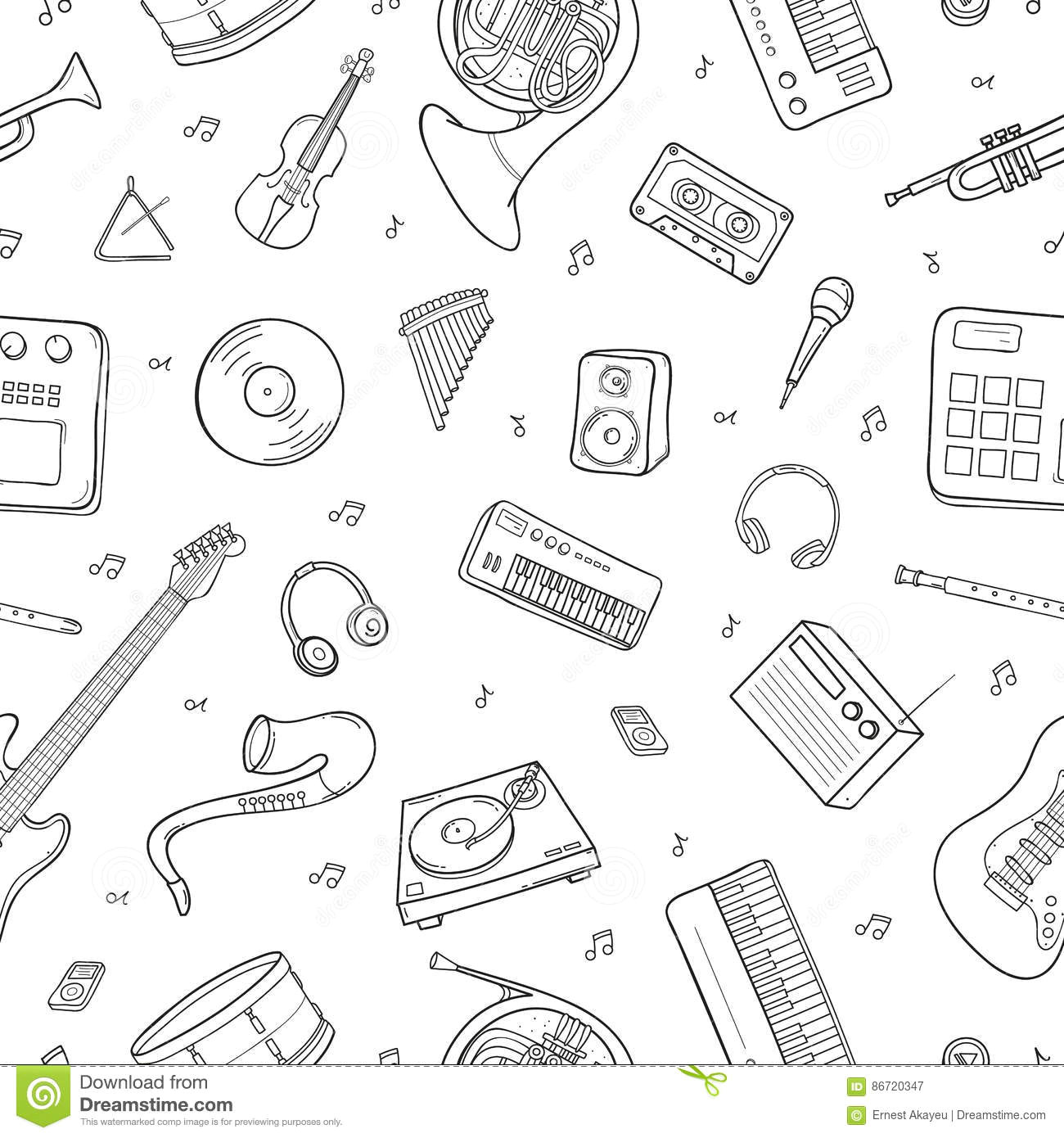 Drawings Of Hands Playing Instruments Seamless Pattern with Various Musical Instruments Symbols Objects