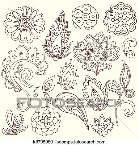 Drawings Of Henna Flowers Clipart Of Henna Paisley Tattoo Doodles Vector K8705980 Search