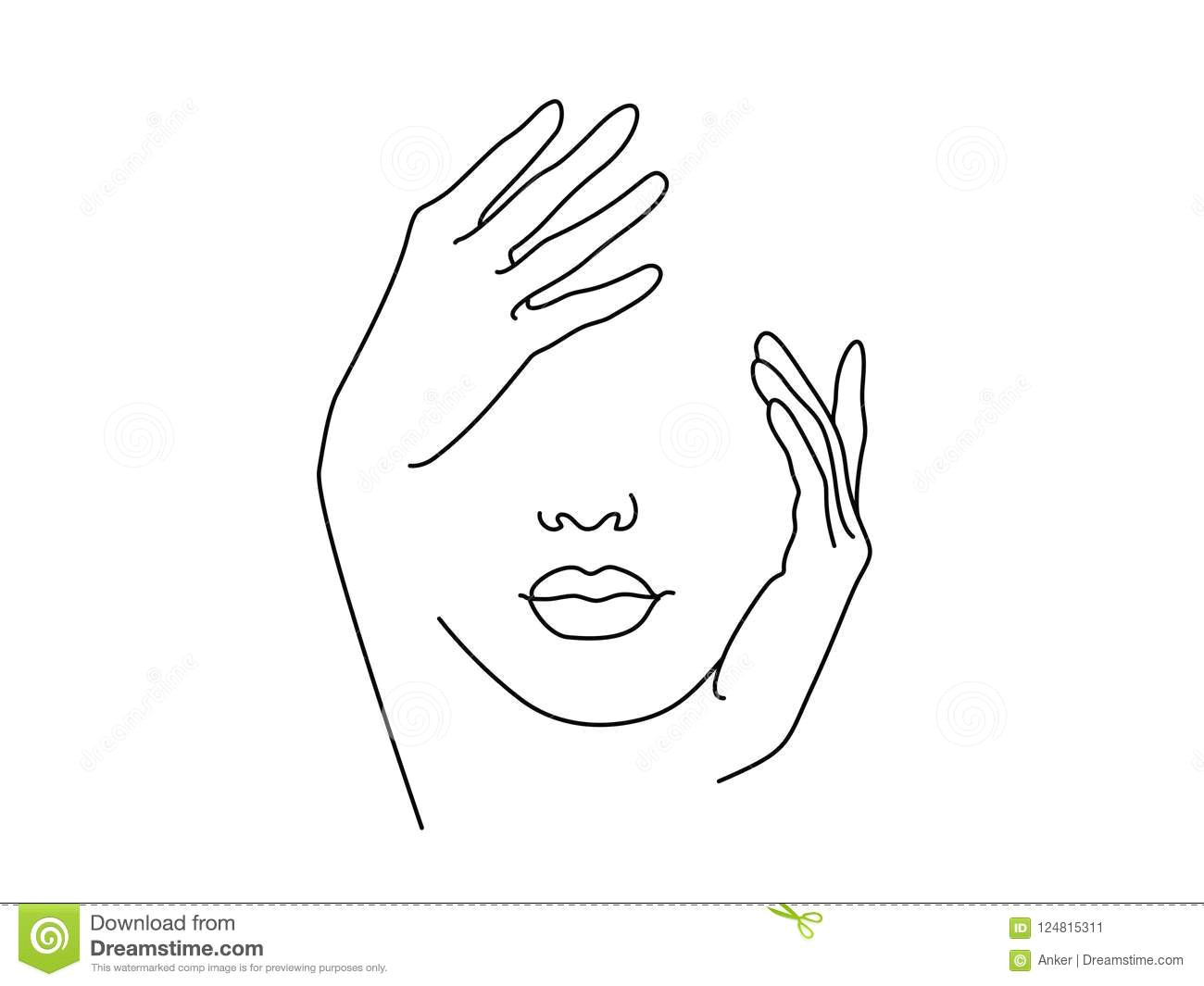 Drawings Of Ladies Hands Line Drawing Art Woman Face with Hand Stock Vector Illustration