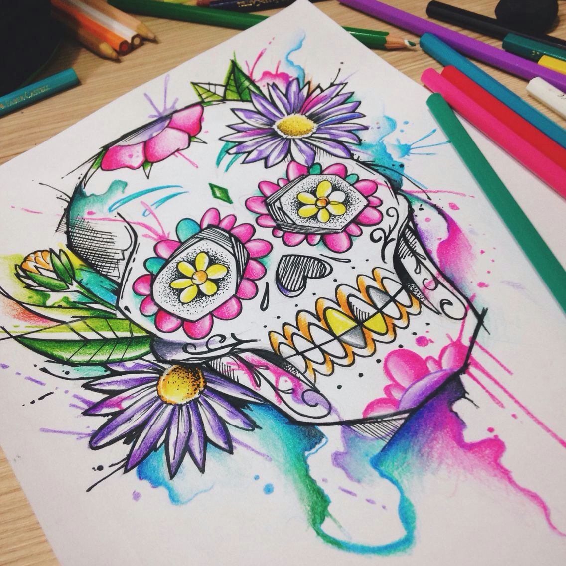 Drawings Of Mexican Flowers Mexican Skull Watercolor by Felipe Bernardes Drawings Tatouage