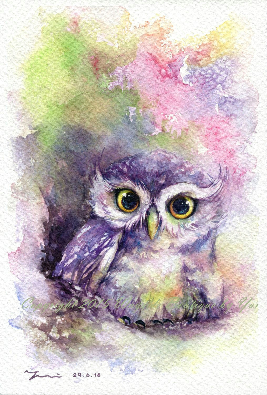 Drawings Of Owl Eyes Rainbow Owl original Watercolor Painting 7 5×11 Inches Owl