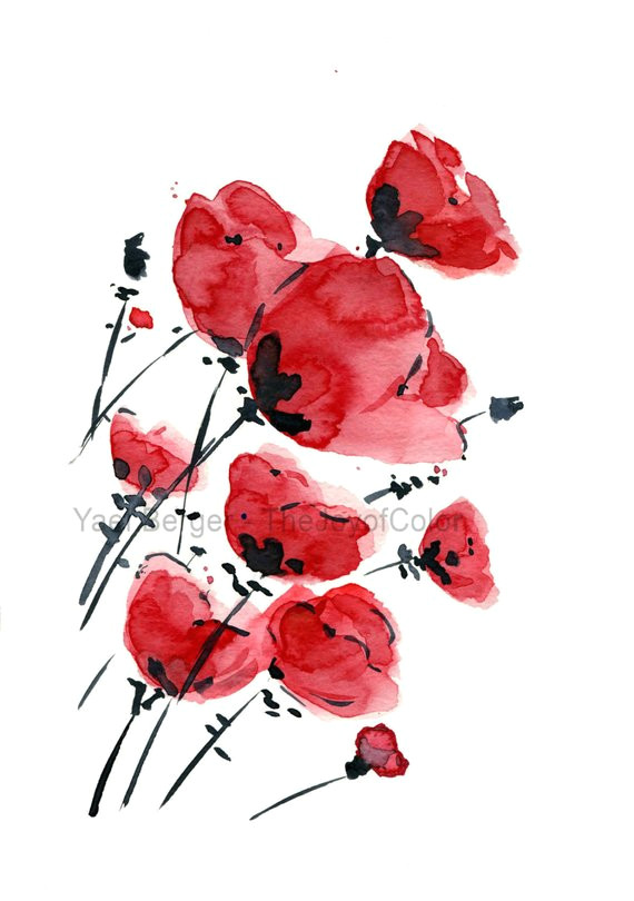Drawings Of Red Flowers Poppies Field On A Windy Day Poppies Art Print Watercolor Print