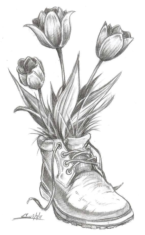 Drawings Of Roses and Tulips Flower Drawings Spring Time Flowers Tulips Boot Sketch Pic