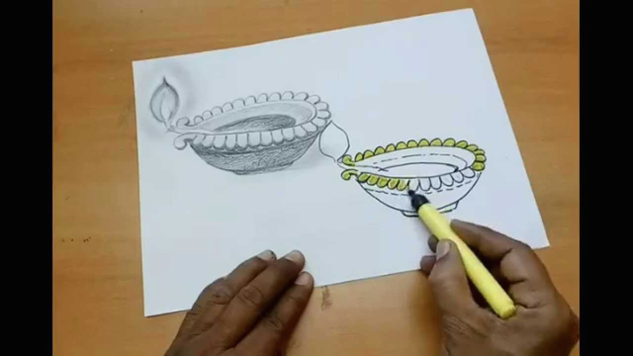 Easy 3d Drawings On Paper with Pencil Beautiful Diya Drawing Youtube