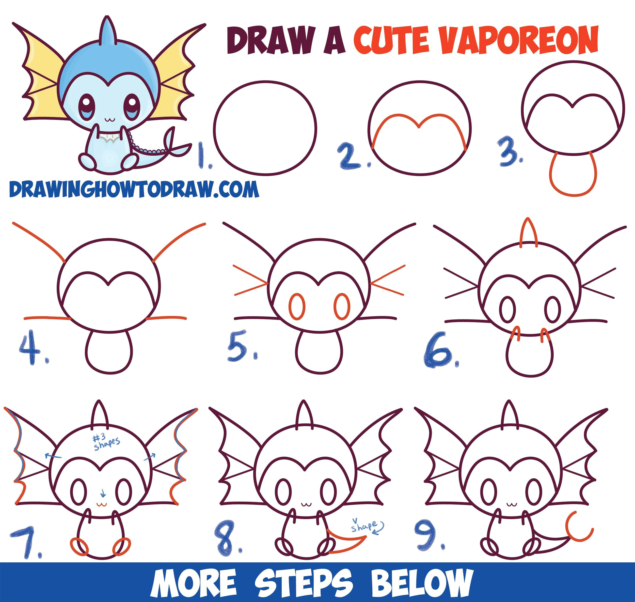 Easy 911 Drawings How to Draw Cute Kawaii Chibi Vaporeon From Pokemon Easy Step by
