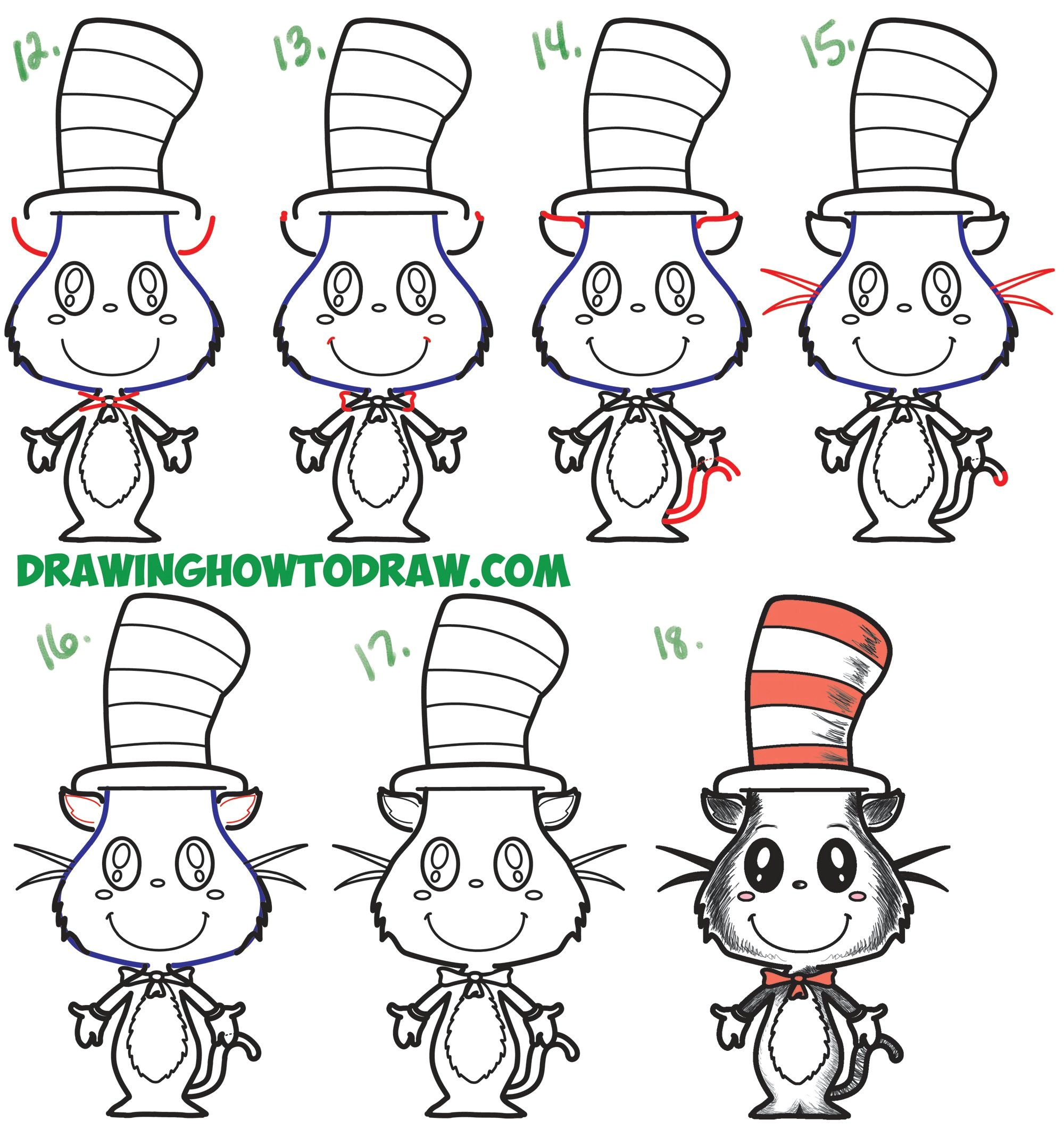 Easy Cartoon Zebra Drawing How to Draw the Cat In the Hat Cute Kawaii Chibi Version Easy