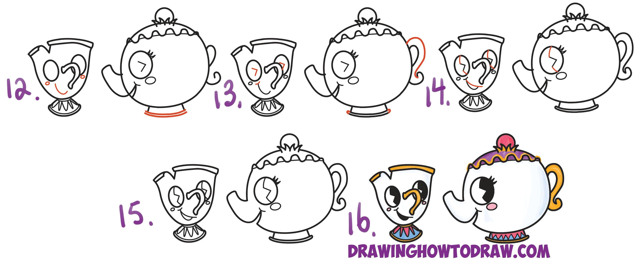 Easy Drawing Disney Princess How to Draw Cute Kawaii Chibi Mrs Potts and Chip From Beauty and
