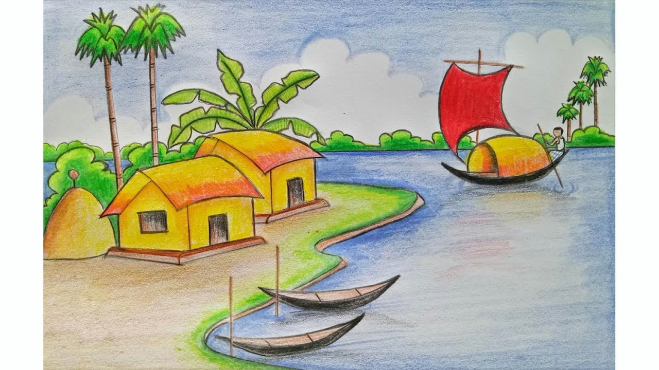 Easy Drawing for Class 12 Village Scenery Drawing at Getdrawings Com Free for Personal Use