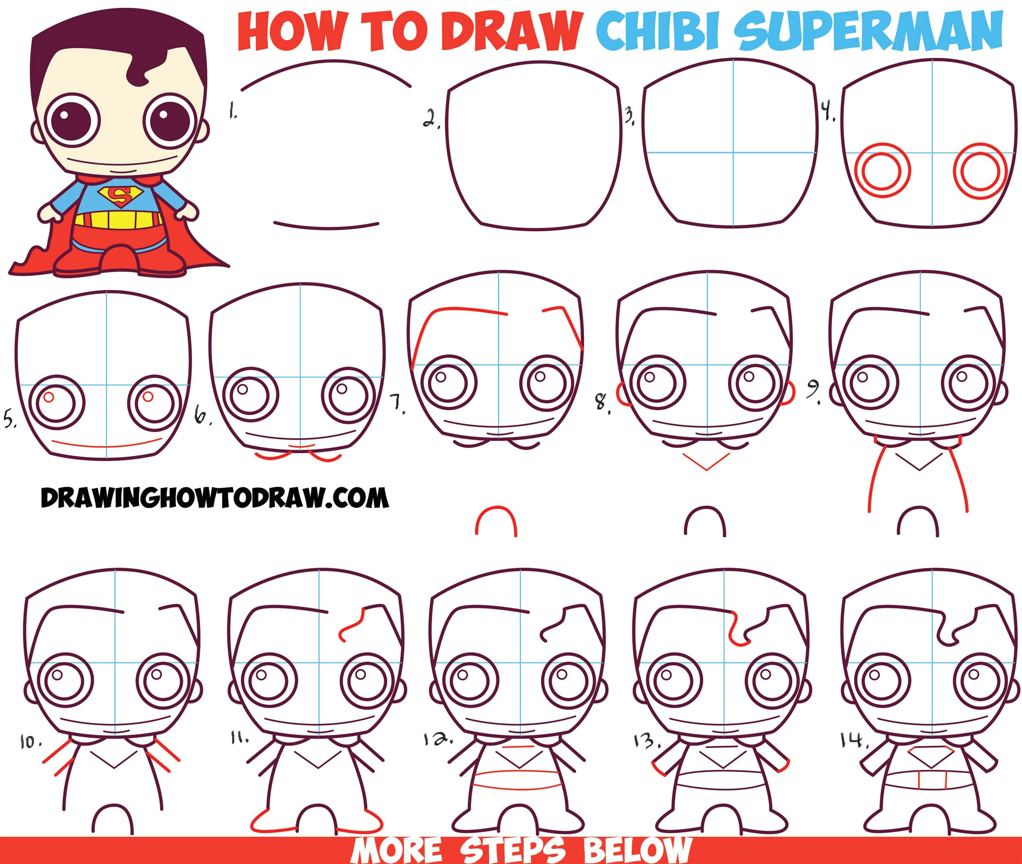 Easy Drawing Komiks How to Draw Cute Chibi Superman From Dc Comics In Easy Step by Step