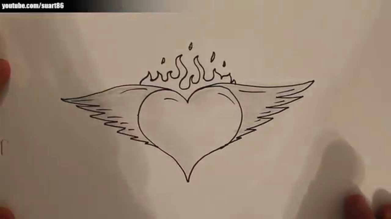 Easy Drawing Love Hearts How to Draw A Heart with Wings and Flames Youtube