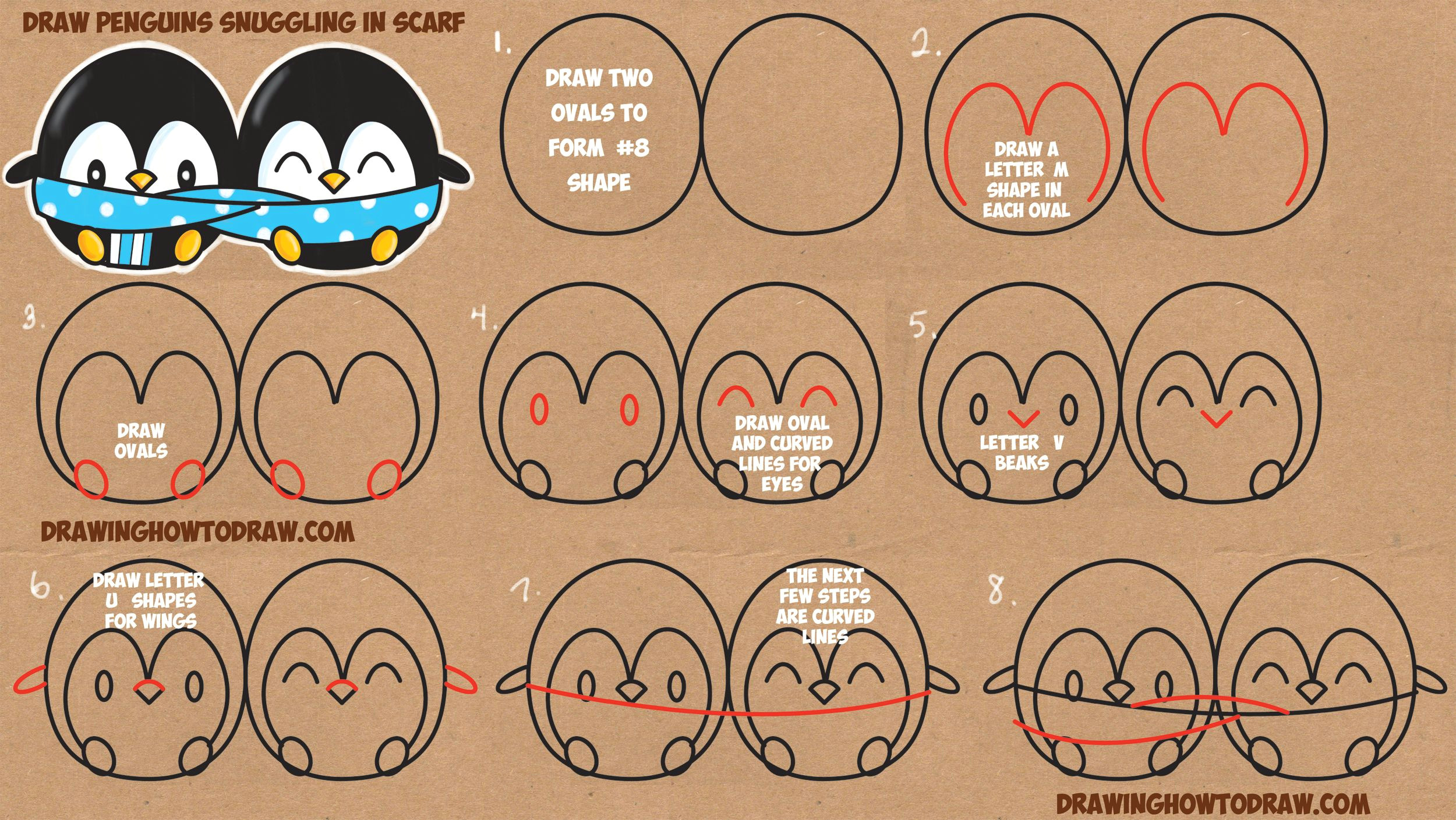 Easy Drawing Using Shapes How to Draw Cute Kawaii Chibi Cartoon Penguins In A Scarf for