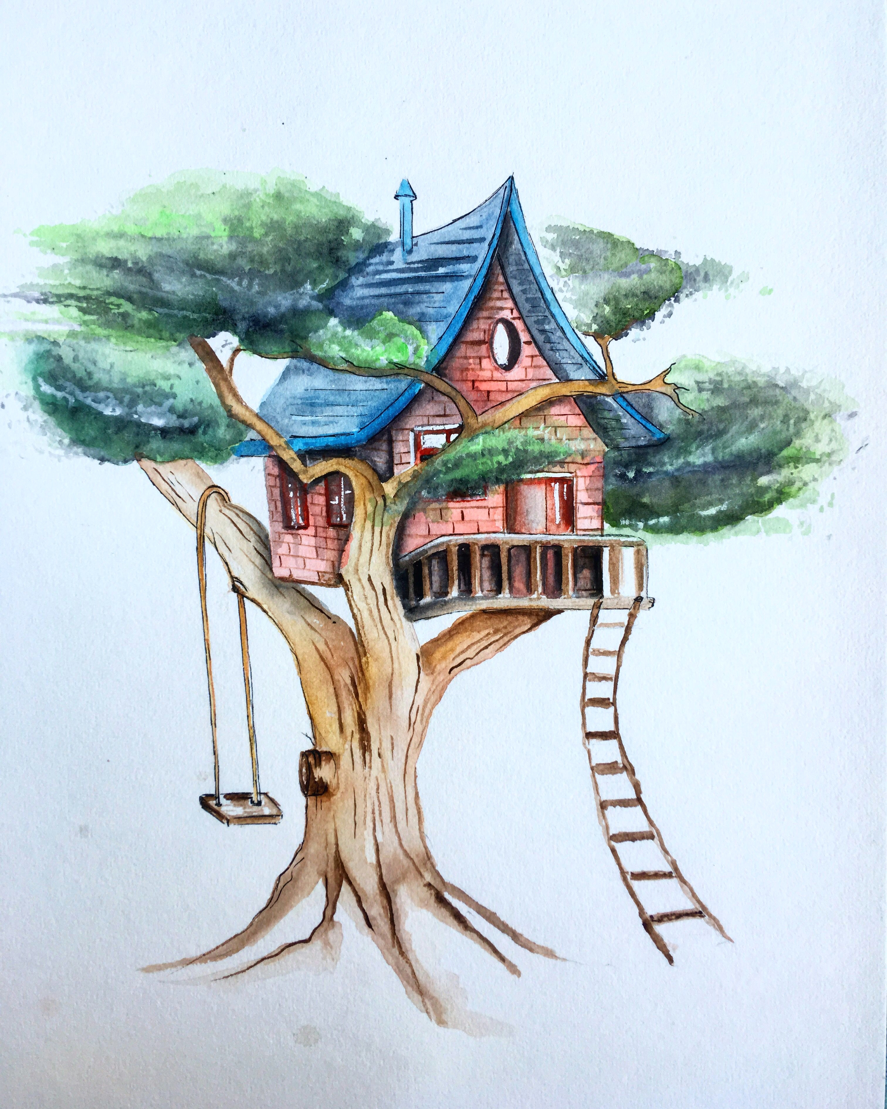 Easy Drawing Using Watercolor Artwork Treehouse Watercolour Painting Drawing Sketching Easy