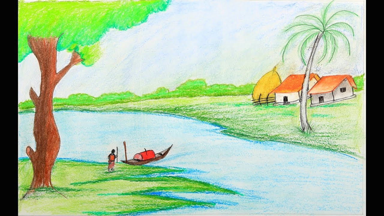 Easy Drawing Village Scene How to Draw A Village Scenery Step by Step with Oil Pastel Easy