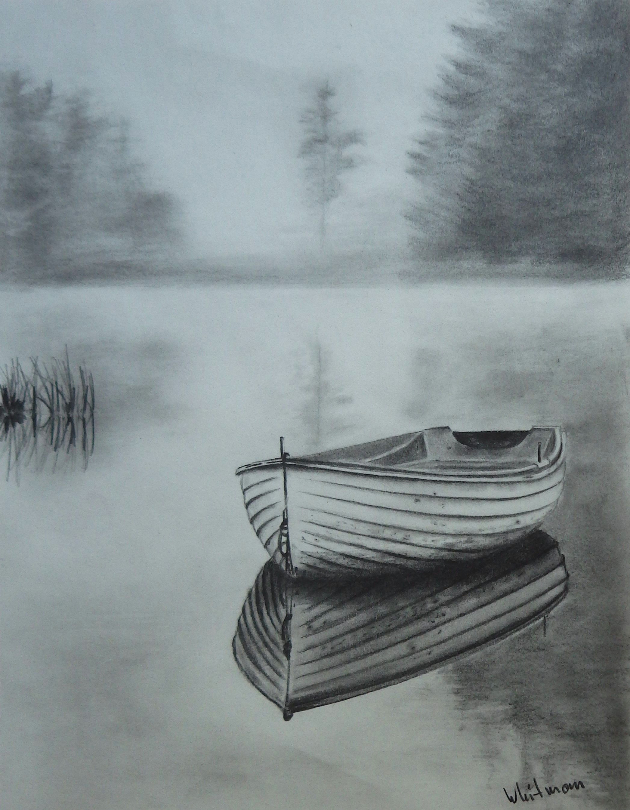 Easy Drawings Boat Misty Row Boat Sketch Water Reflections original Art Graphite