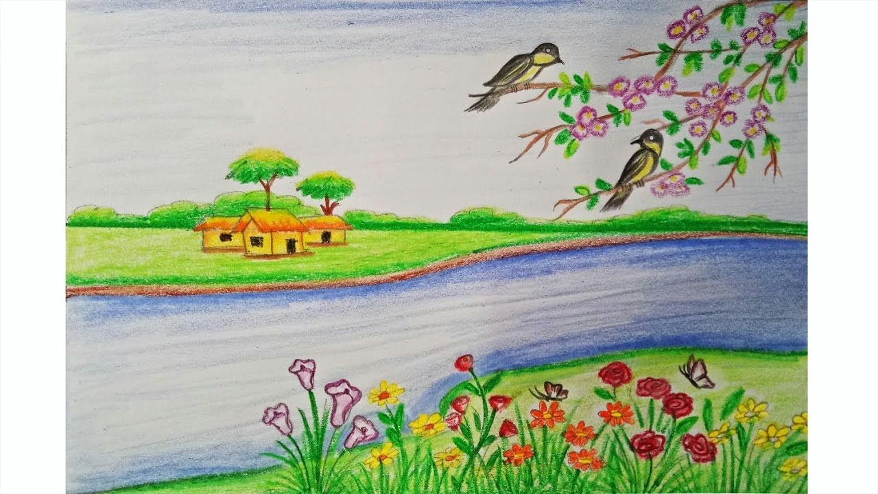 Easy Drawings Of Nature Scenery Coloured How to Draw A Scenery Of Spring Season Step by Step Very Easy