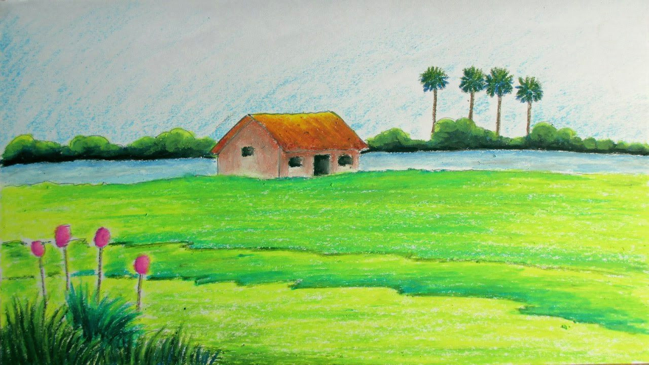 Easy Drawings Of Nature with Colour How to Draw A Village Landscape with Oil Pastels Episode 11 Art