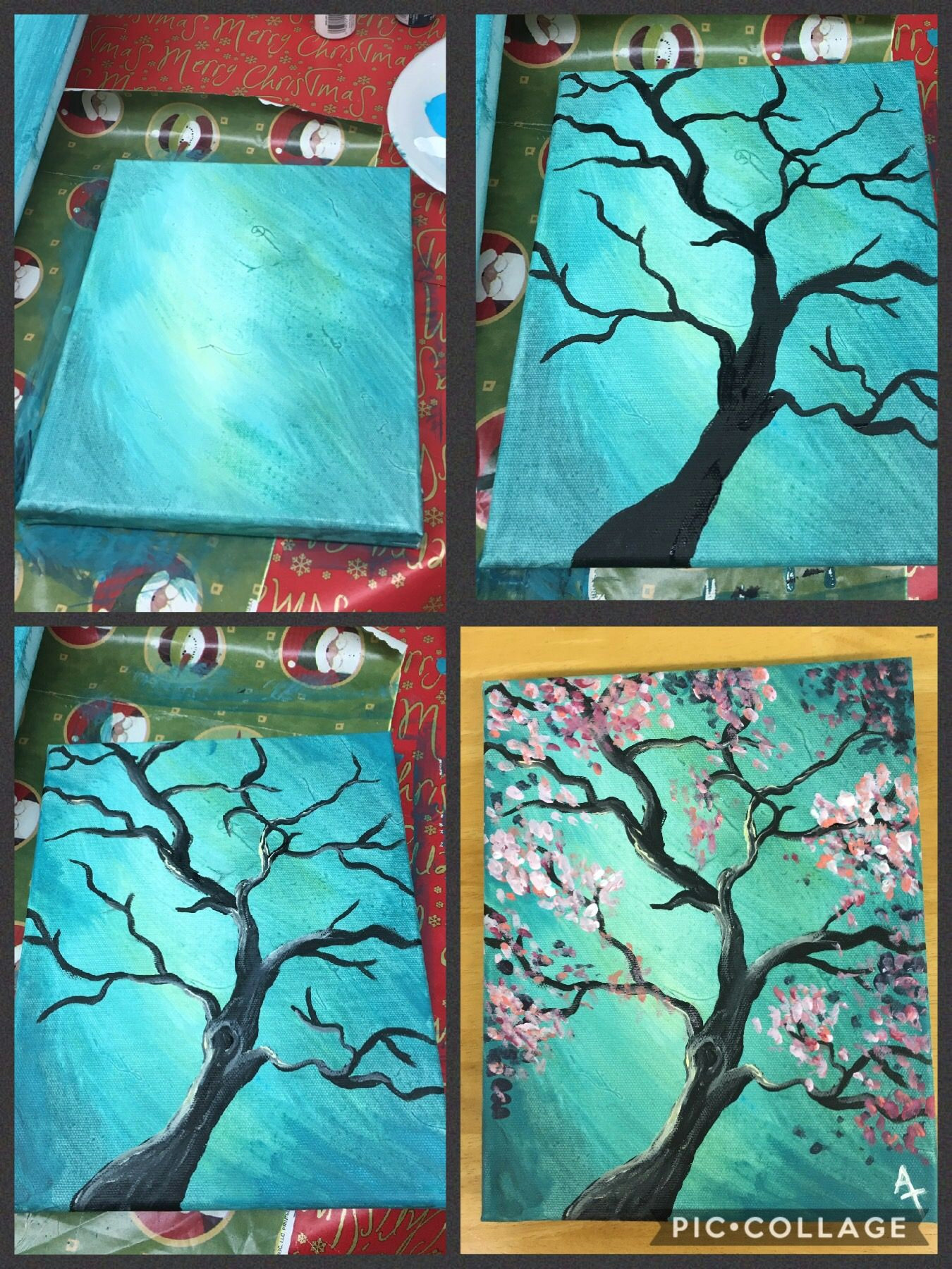 Easy Drawings Of Nature with Colour Step by Step Pink Flowering Tree Painting with Pretty Teal Blue