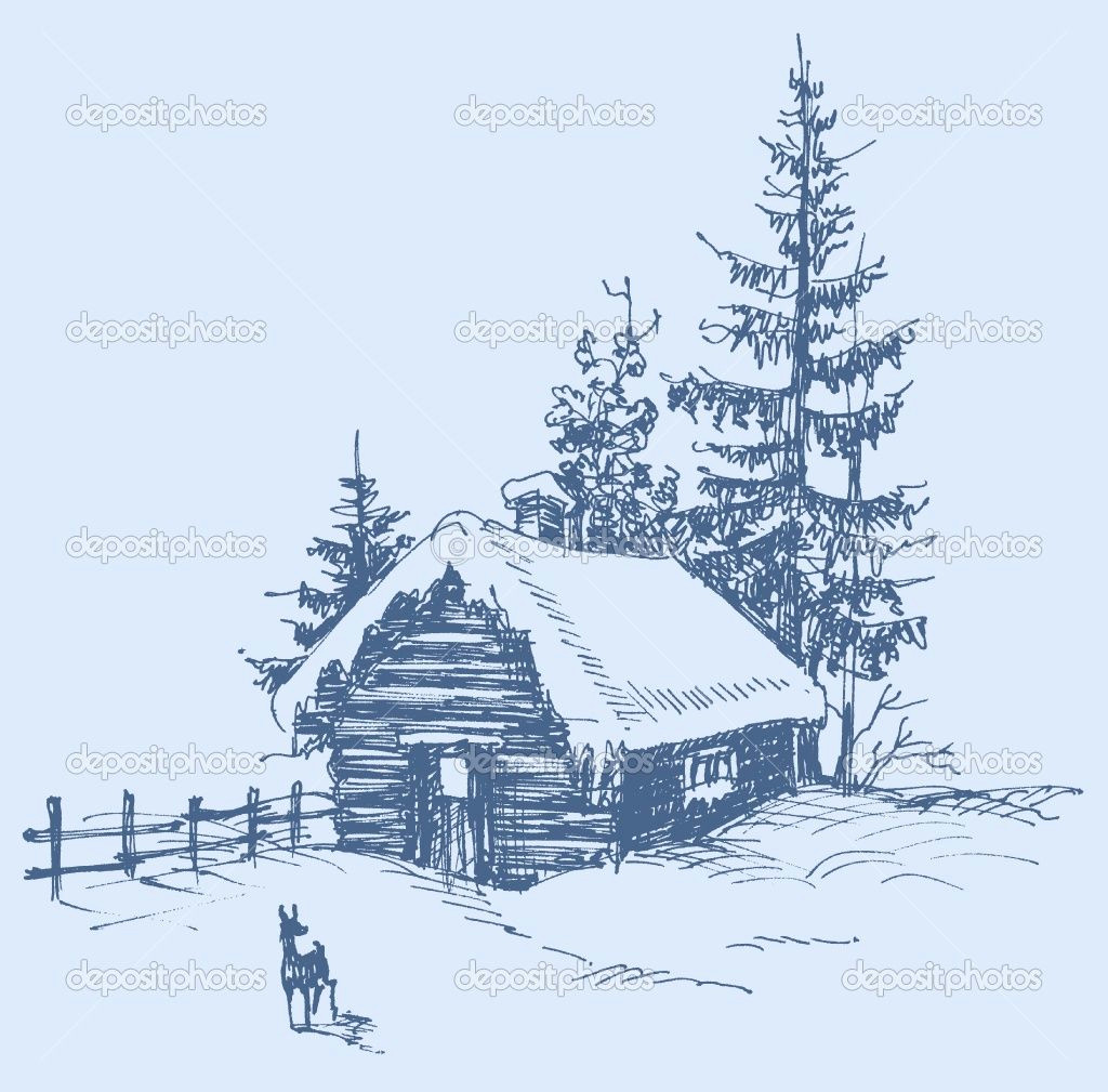Easy January Drawings Winter Cabin Embroidery Inspiration In 2019 Landscape Sketch