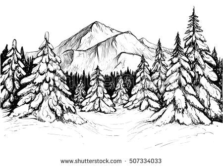 Easy January Drawings Winter forest Sketch Black and White Vector Illustration Of Snowy