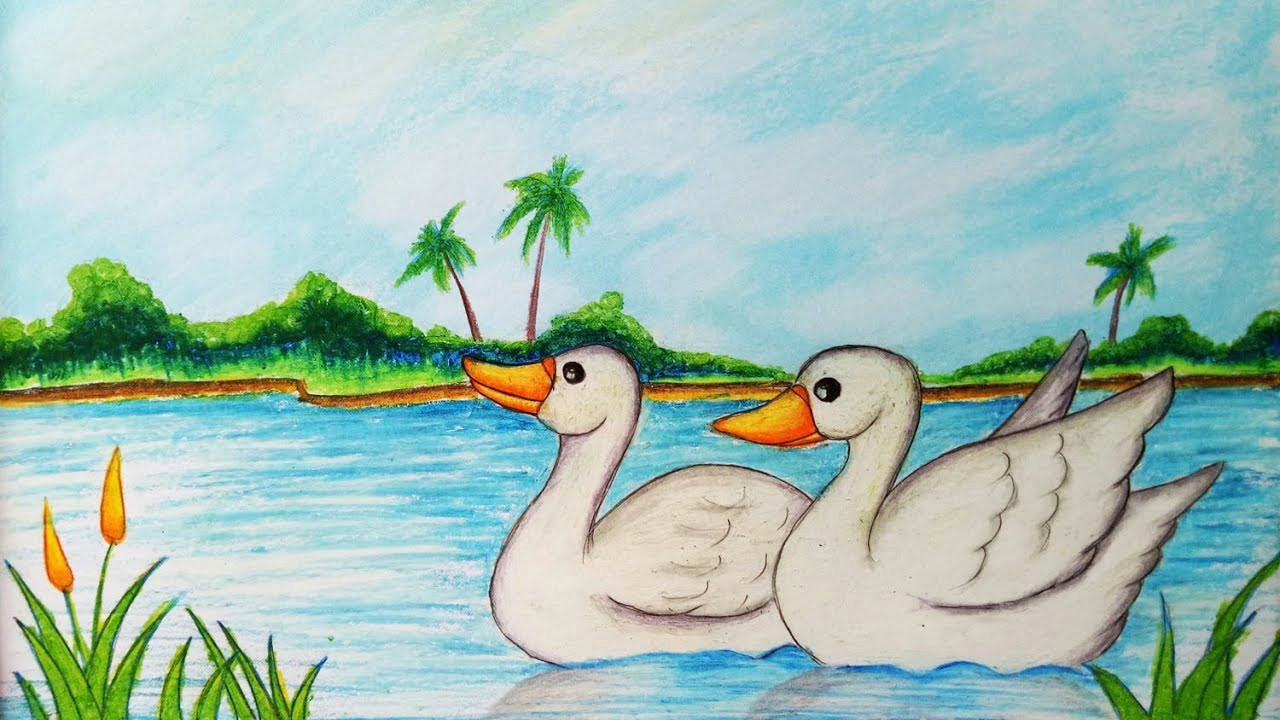 Easy Landscape Drawings In Colour How to Draw Easy Scenery with Duck Step by Step Easy Draw Youtube