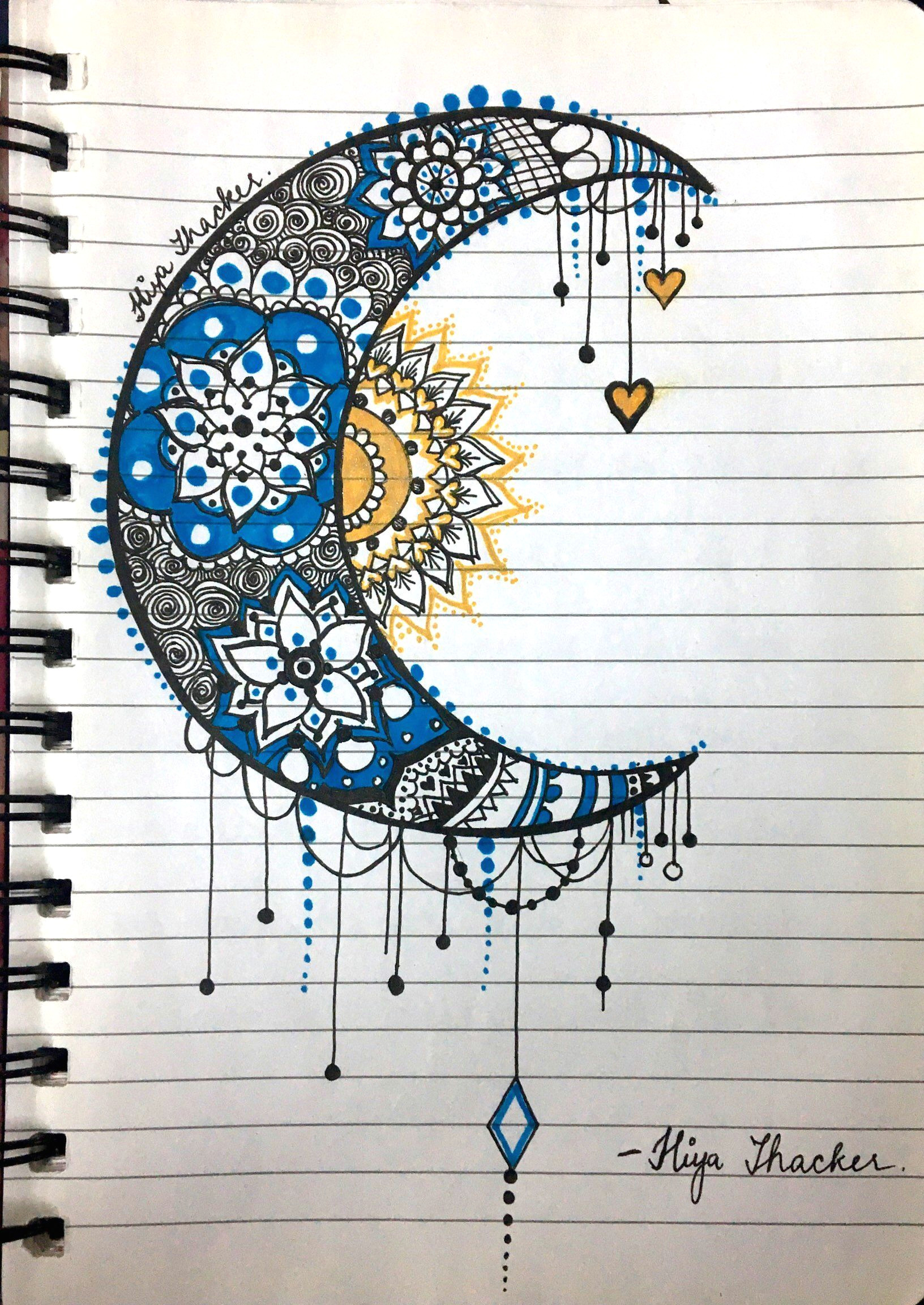 Easy Notebook Drawings Moon Sun Mandala Zentangle Blue Yellow My Sketchbook In 2019