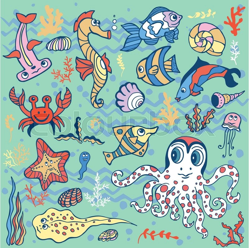 Easy Underwater Drawings Sea Life Animals Set Fish Octopus Stock Vector Colourbox