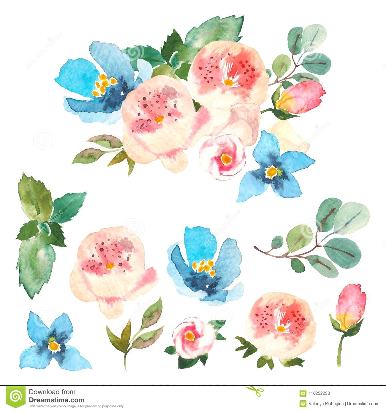 Flowers Drawing Art Colorful Watercolor Floral Set Colorful Floral Collection with Leaves and