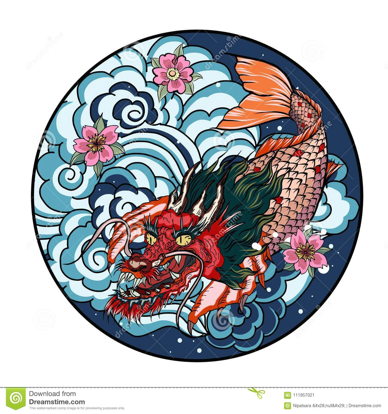 Flowers Drawing Circle Tattoo Design Koi Dragon with Cherry Blossom and Wave In Circle Koi