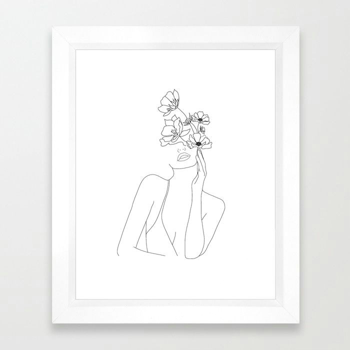 Girl Drawing society6 Buy Minimal Line Art Woman with Flowers Framed Art Print by Nadja1