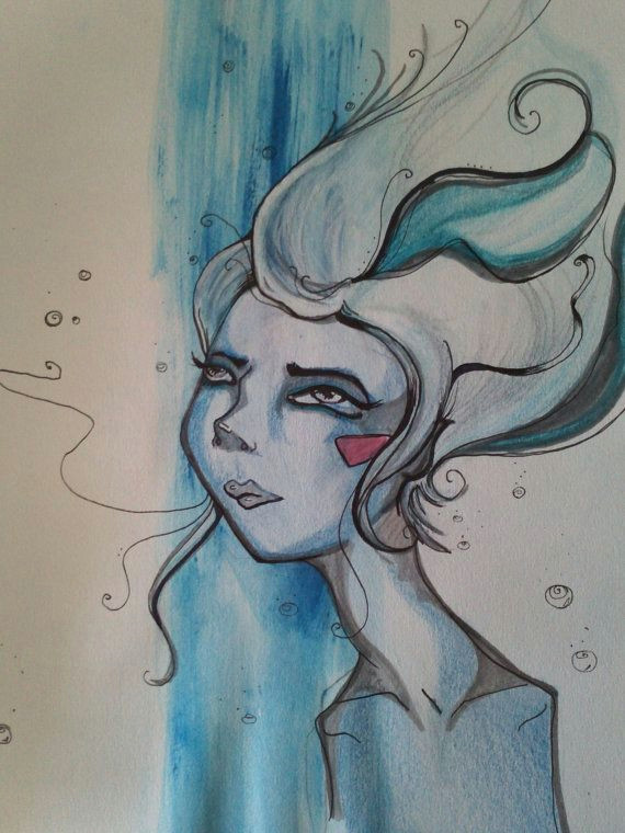 Girl Underwater Drawing Paint and Ink Girl Underwater Blue Dream original by Nightnight