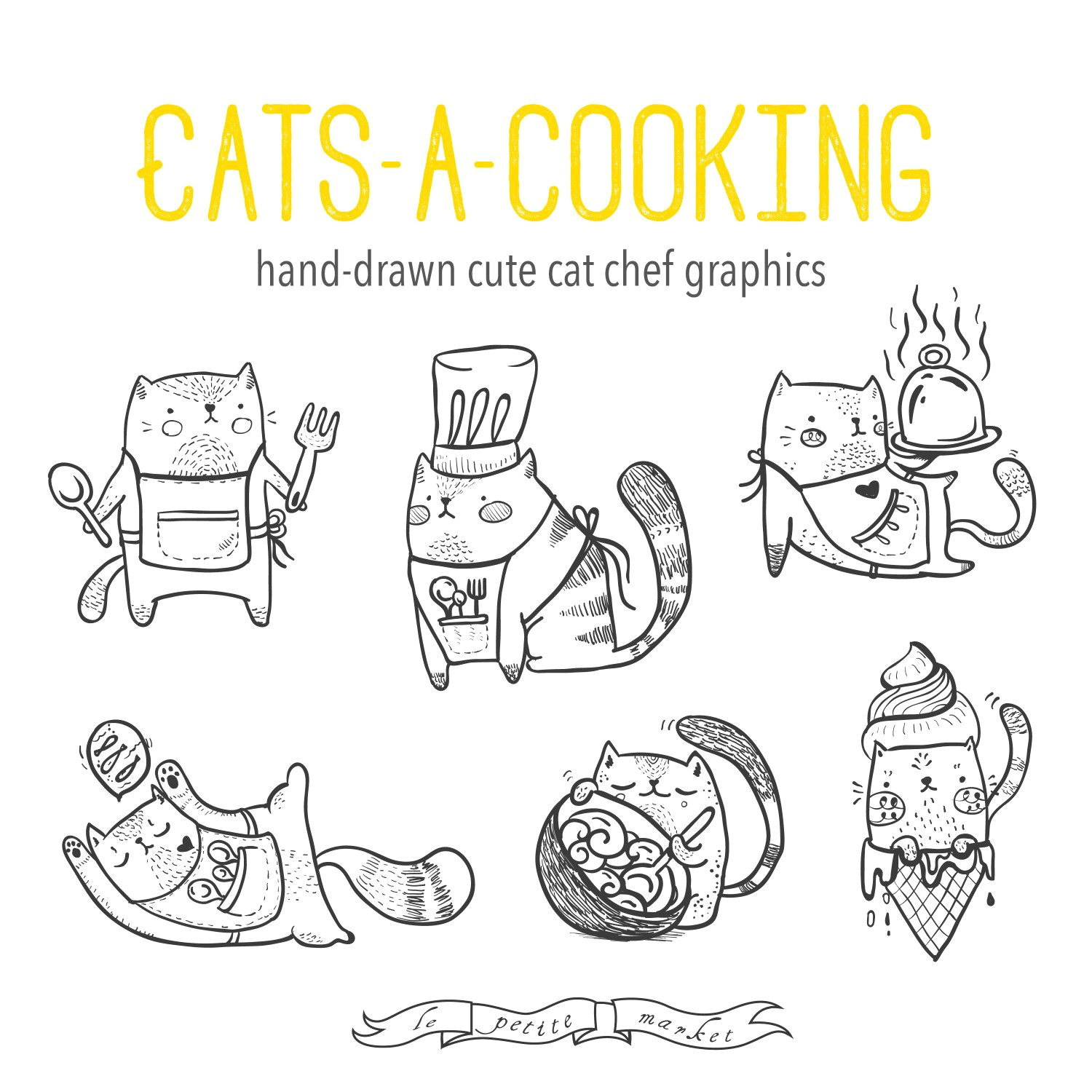 Hand Drawing Of A Cat Hand Drawn Cute Cats Cooking Baking Adorable Kitten Clip Art Baking