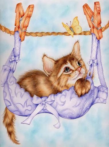 Here is A Drawing Of A Cat Kitty Found A Place to Rest On the Clothes Line Along with A Pretty