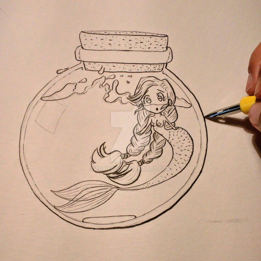 Ink Drawings Of Dragons Mermaid In the Bottle Outlined Sketch with Ink Mermaids and