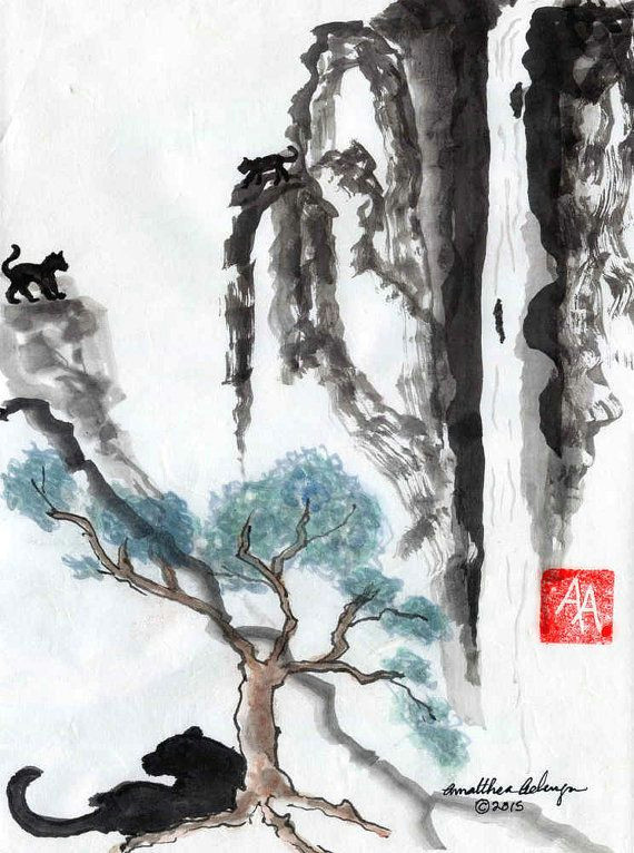 Jungle Drawing Ideas Jaguar Jungle original Sumi E or Chinese Brush Painting by Aelwyn