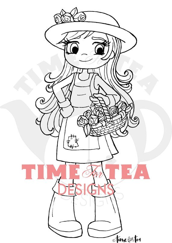 Line Drawing Girl Flowers Blooming Lovely Gardening Girl Digital Stamp Line Drawing Etsy