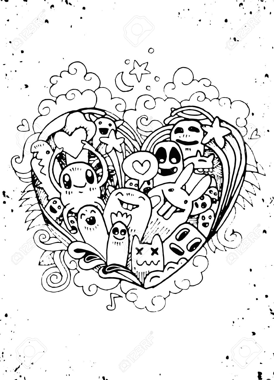 Line Drawing Of A Heart Shape Doodle Heart Shape and Doodles Monsters Sketch Vector Illustration