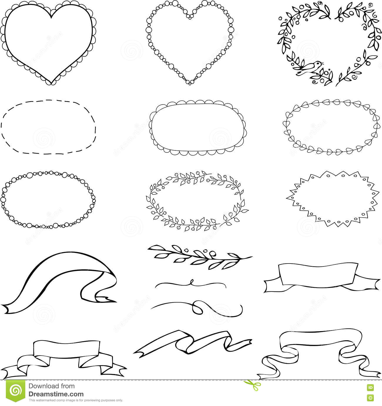 Line Drawing Of A Heart Shape Set Of Black and White Frames Oval Shape Shape Of Heart Stock