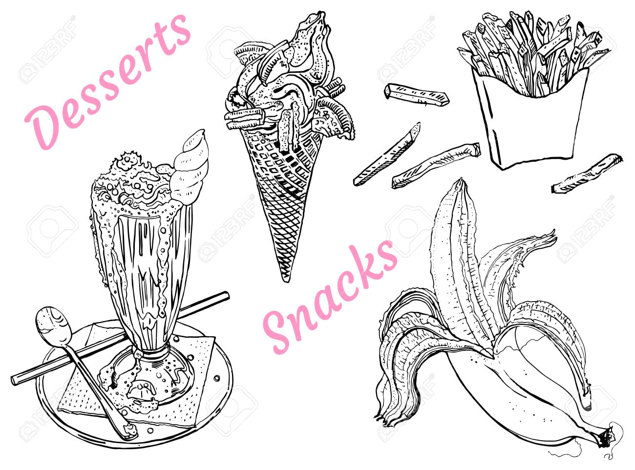 Line Drawing Of Hands Shaking Snacks and Desserts Milk Shake Ice Cream Banana French Fries