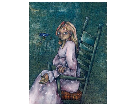 Market Drawing Of A Girl Green Purple Art Print Of Oil Painting with Big Eyed Girl