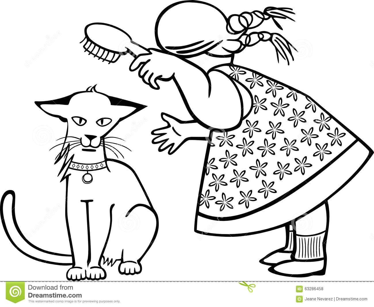 Outline Drawing Of A Cat Girl Brushing A Cat Stock Vector Illustration Of Sitting 63286458