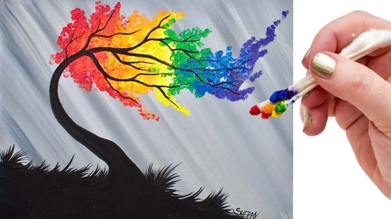 Q-tip Drawing Rainbow Willow Tree Q Tip Acrylic Painting for Beginners Tutorial