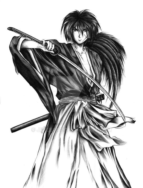 Samurai X Anime Drawing Ballpen 40 X 31 Cm Ruroni Kenshin Hecho totalmente A Bola Grafo