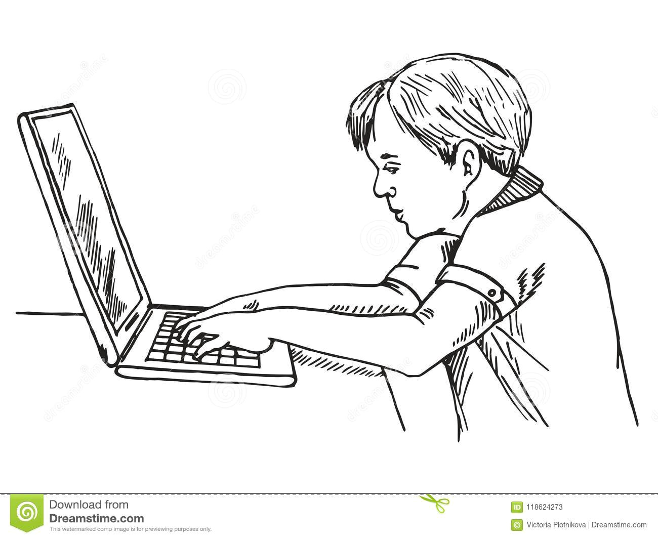 Simple Line Drawings Of Hands Boy Working with Laptop Hand Drawn Doodle Stock Vector