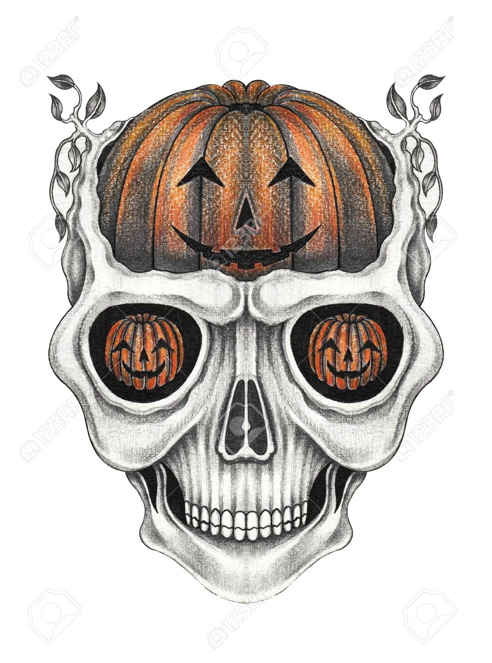 Skull Drawing for Pumpkin Art Surreal Pumpkin Mix Skull Hand Pencil Drawing On Paper Stock