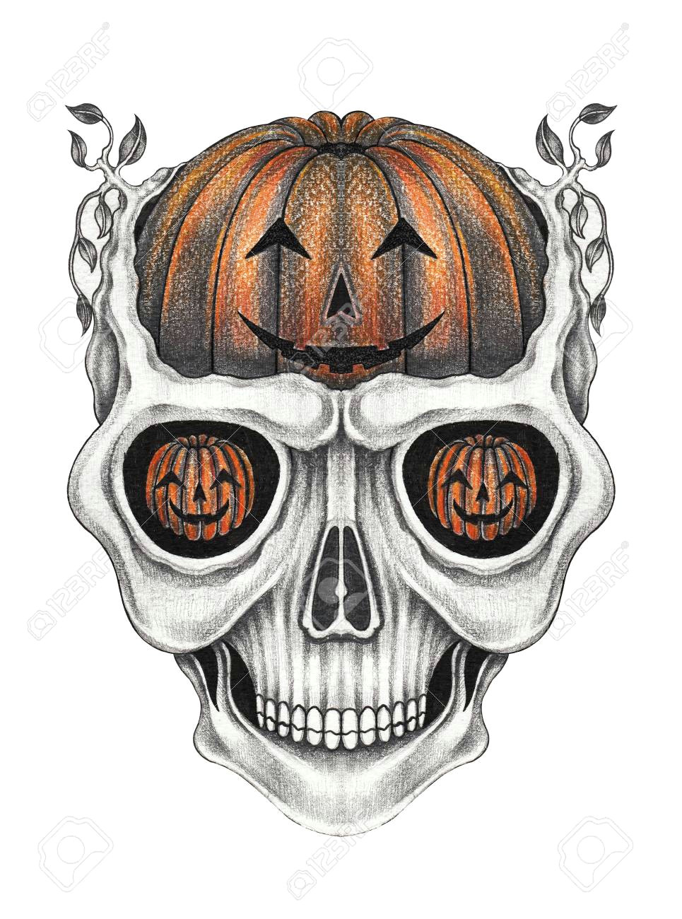 Skull Drawing for Pumpkin Art Surreal Pumpkin Mix Skull Hand Pencil Drawing On Paper Stock