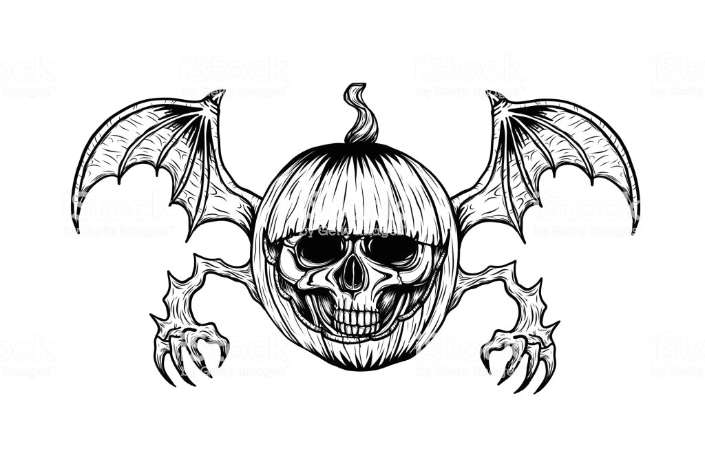 Skull Drawing for Pumpkin Skull with Halloween Pumpkin Tattoo by Hand Drawing Stock Vector Art